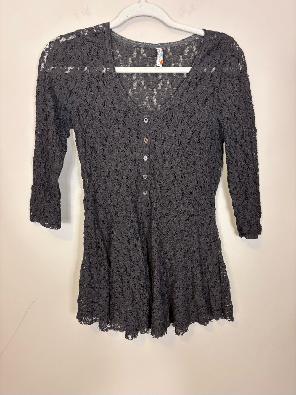 Free People Grey Semi Sheer Lace Button-Front Henley Top Medium